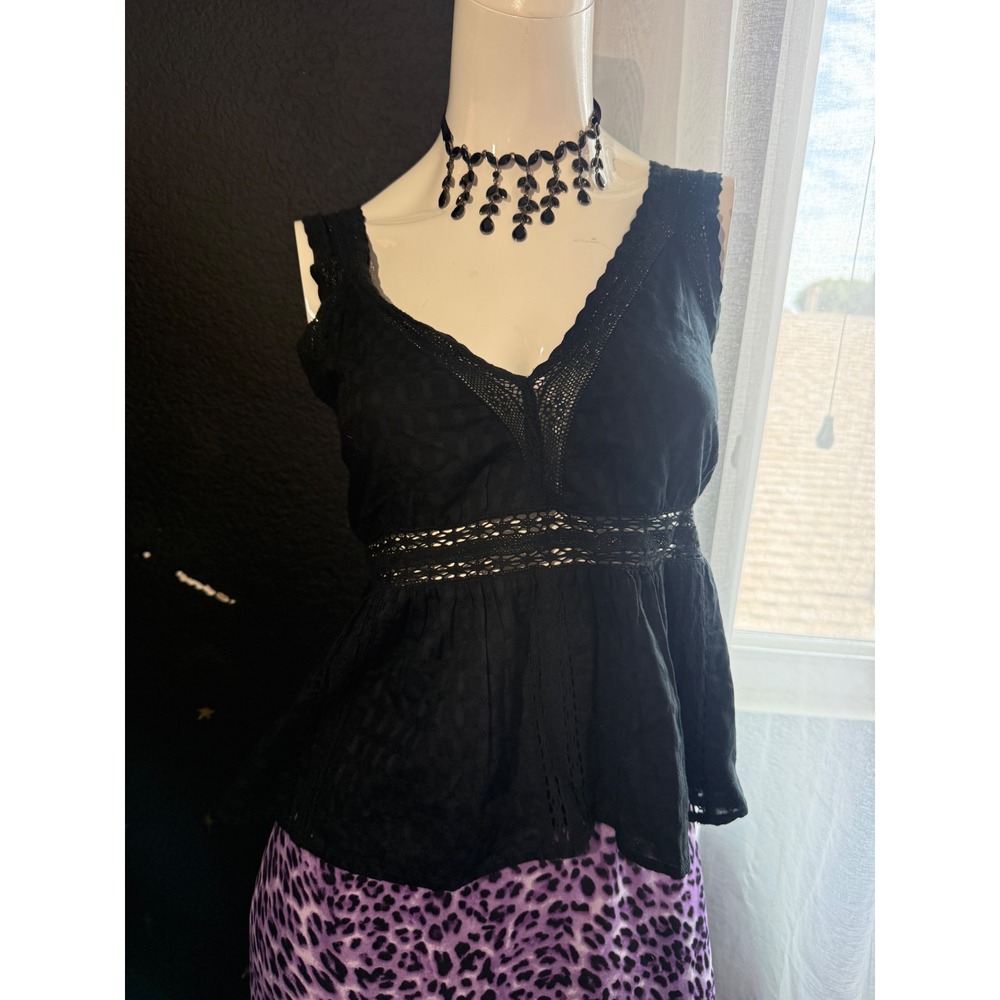 American Eagle Black Crochet Lace Peplum Cami Top Boho Smocked‎ Back NWT Large